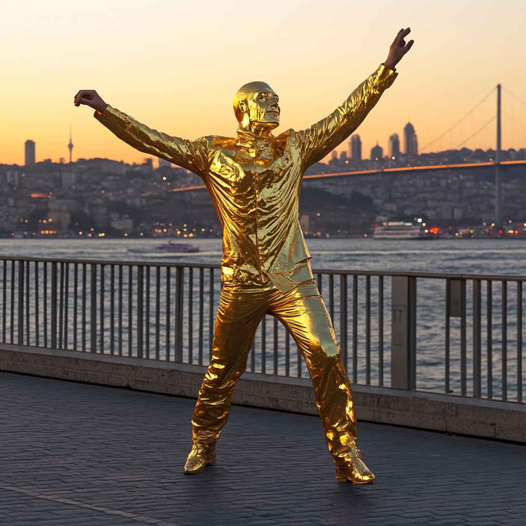 The Golden Man Dances on Istanbul Bridge