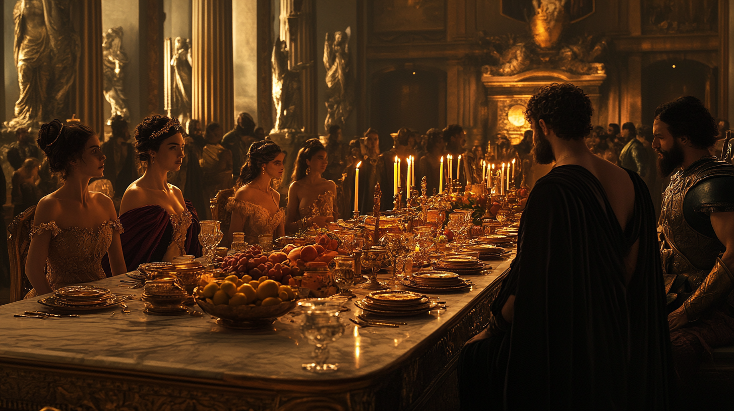 The Greek Gods' Grand Gathering in Candlelit Hall