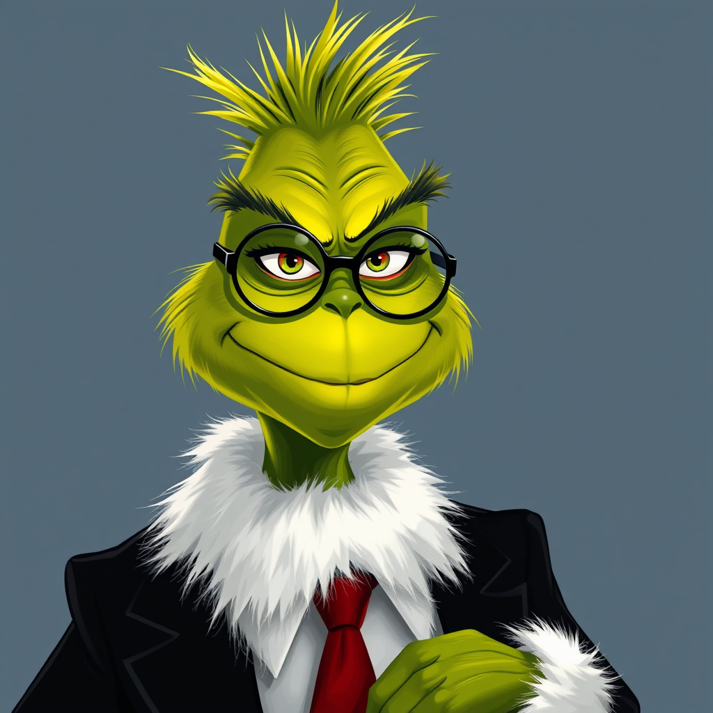 The Grinch in Black Suit and Circular Glasses