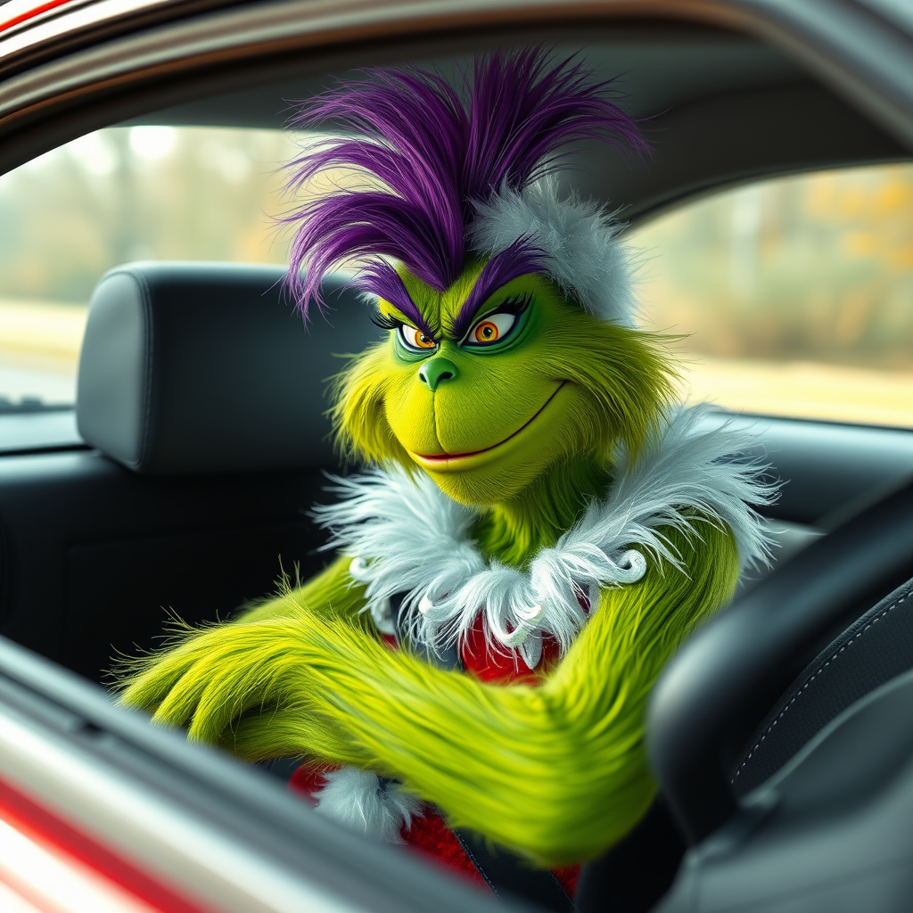 The Grinch in Purple Dress Driving His Car