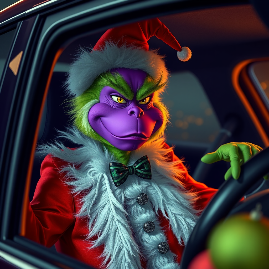 The Grinch in Purple Sitting in His Car