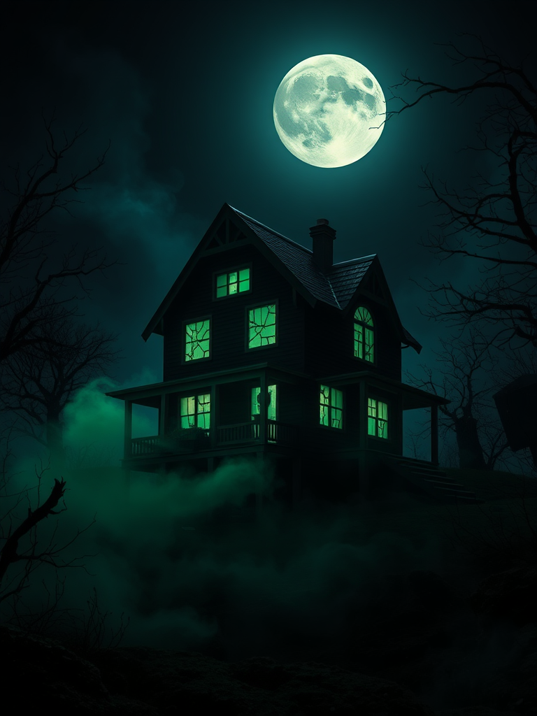 The Haunted House on Halloween Night Under Full Moon