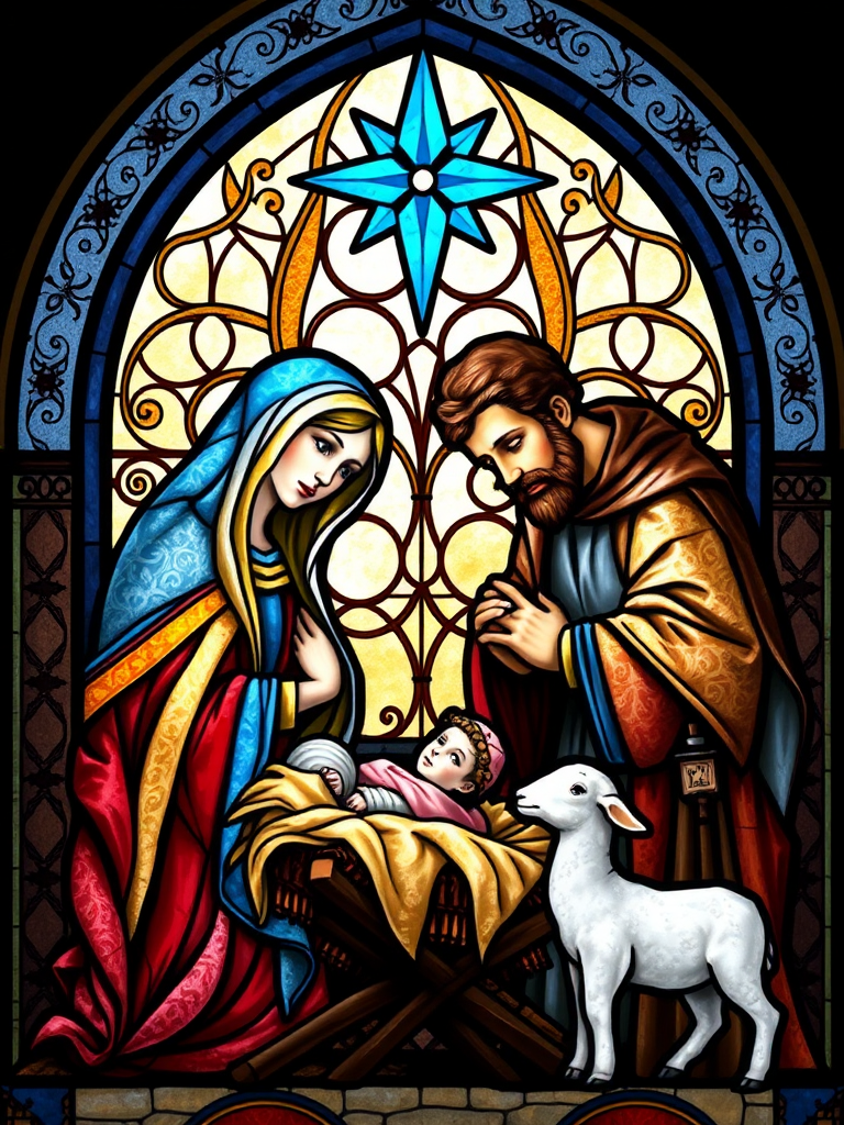 The Holy Family with Blue Star Stained Glass