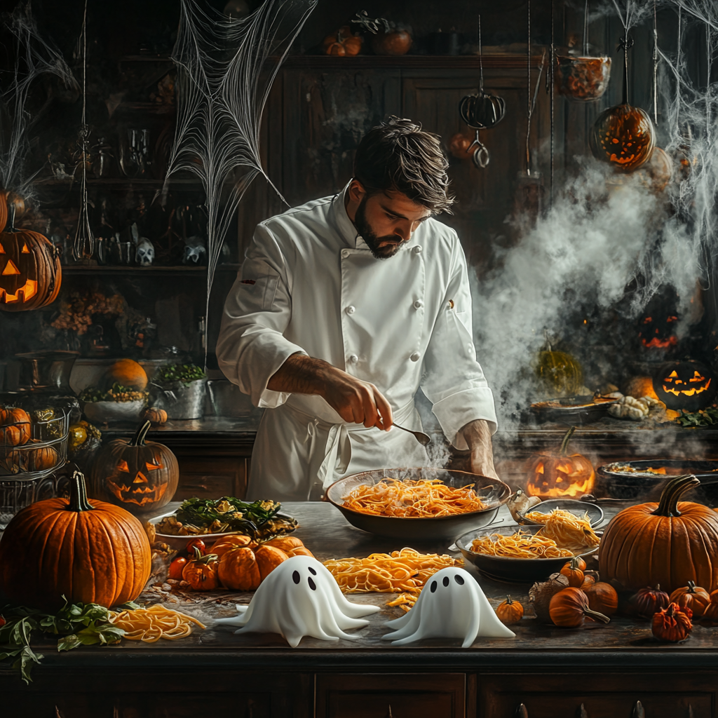 The Italian Chef Preparing Halloween Dishes in Spooky Kitchen