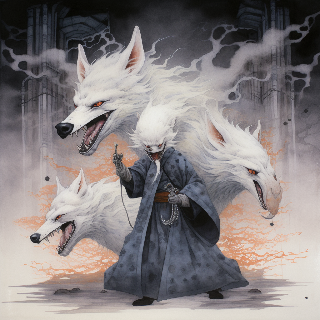 The Japanese Man with Giant Foxes and Lightning