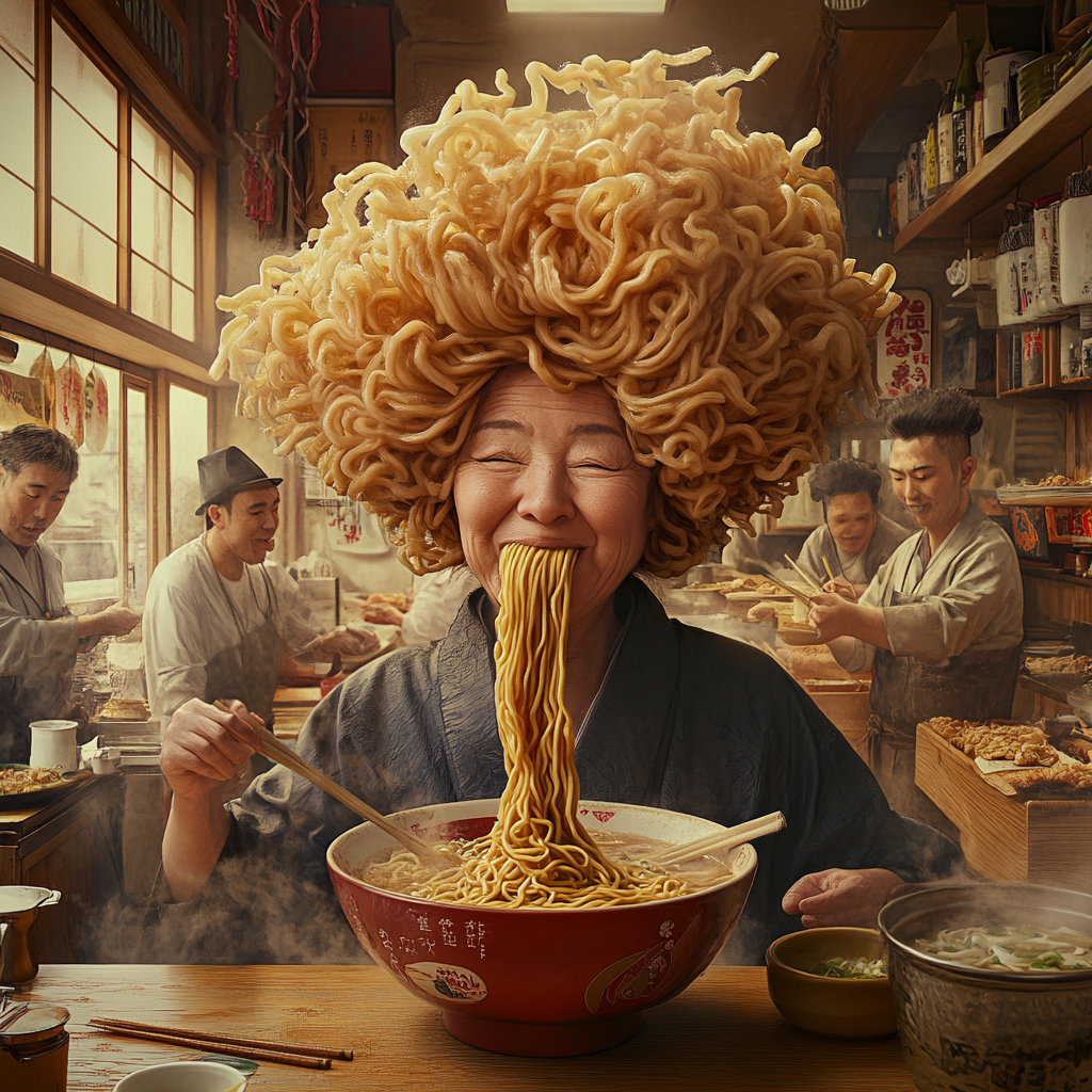 The Japanese Woman with Noodle Hairstyle in Ramen Shop