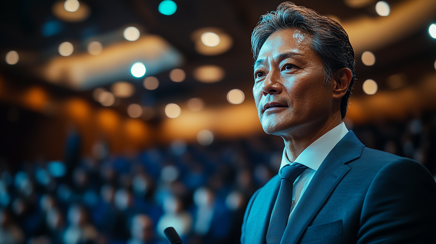The Japanese man giving important presentation on stage