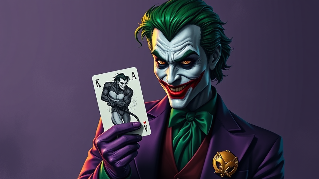 The Joker Holding Batman Card in Purple Outfit