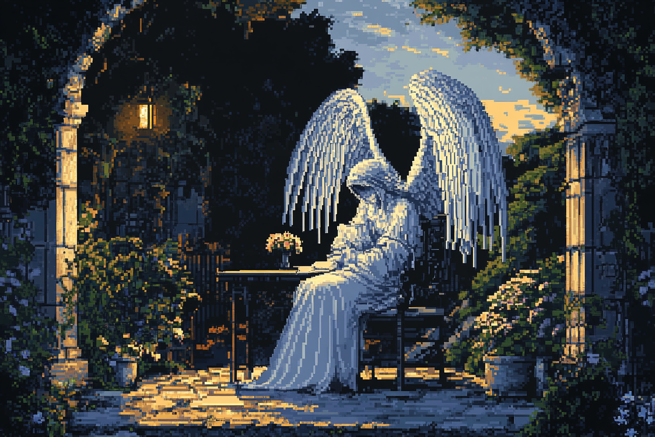 The Knight with Angel Wings in a Night Garden