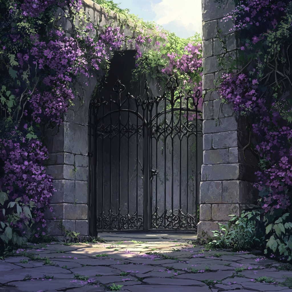 The Magical Double Castle Gates with Purple Flowers