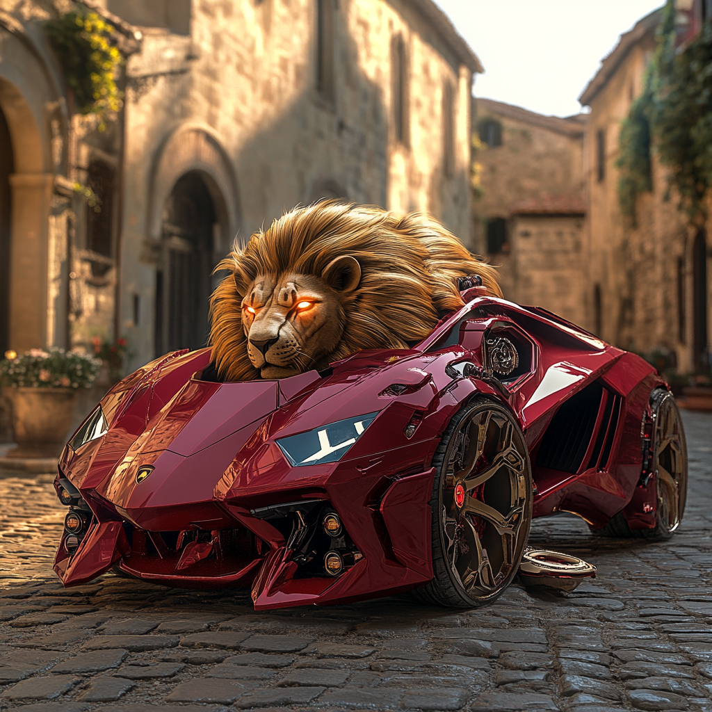 The Majestic Lion-Lamborghini Hybrid in Italian Village