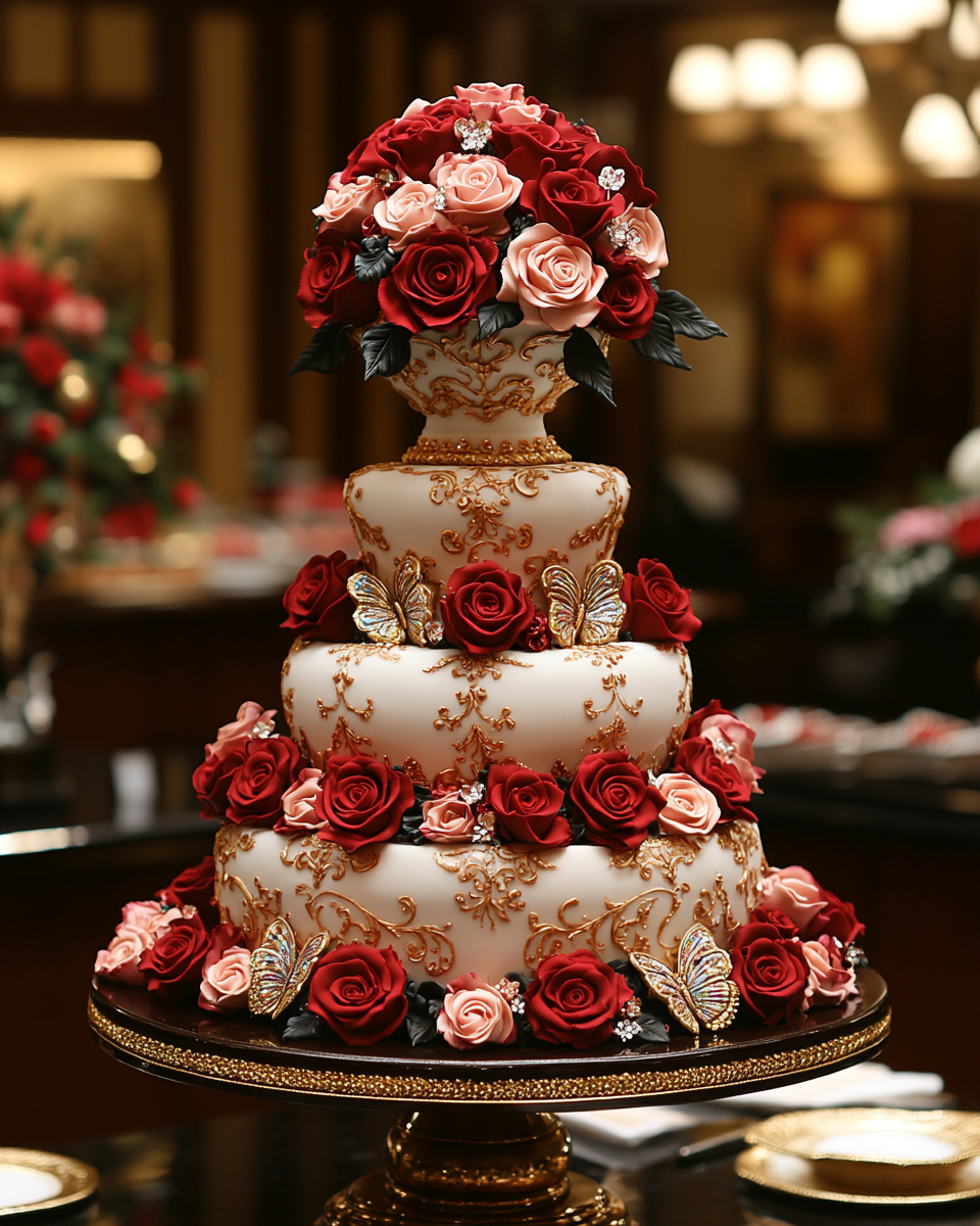 The Majestic Vase-Shaped Multi-Tiered Rose Cake