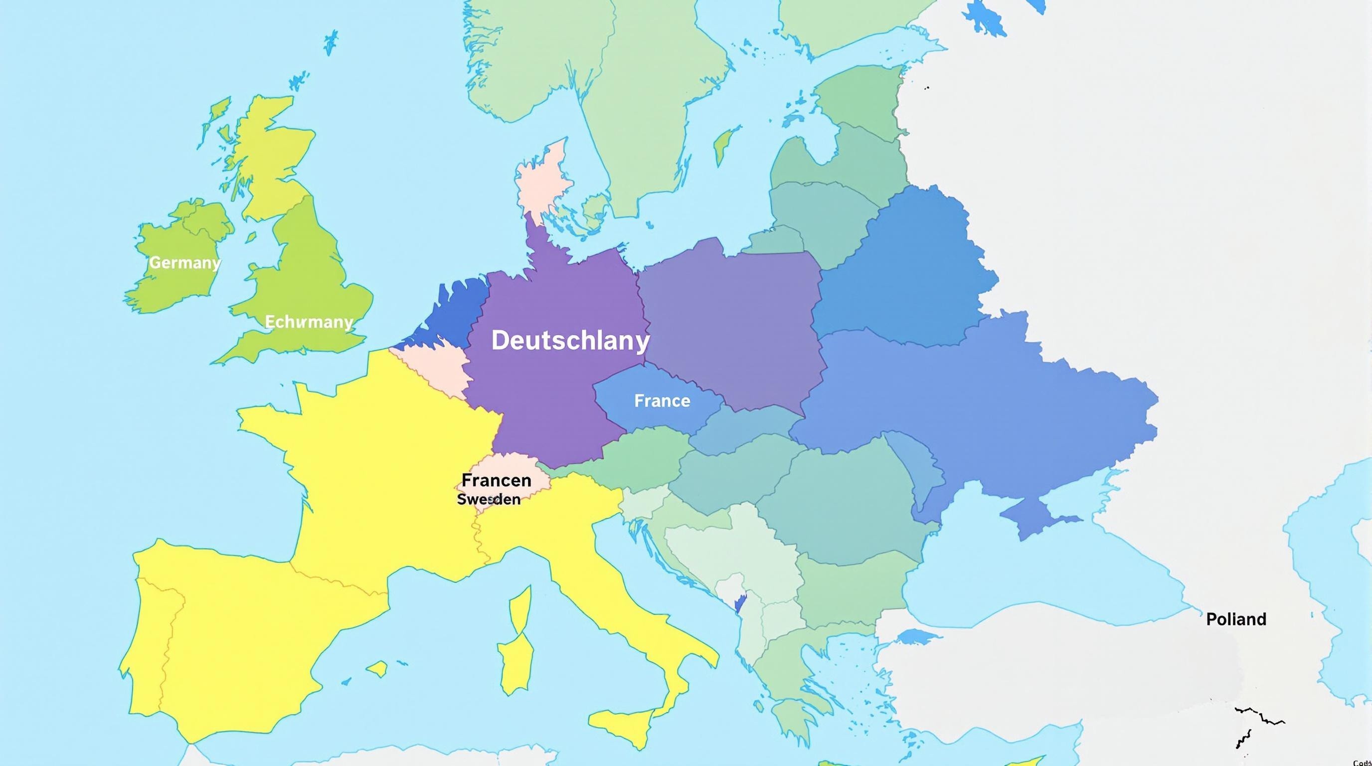 The Map of Europe Highlighting Four Countries