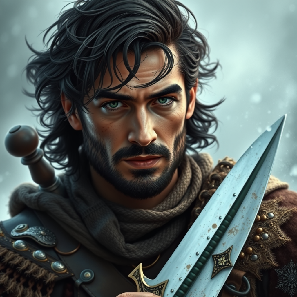 The Medieval Warrior with Green Eyes and Weapons