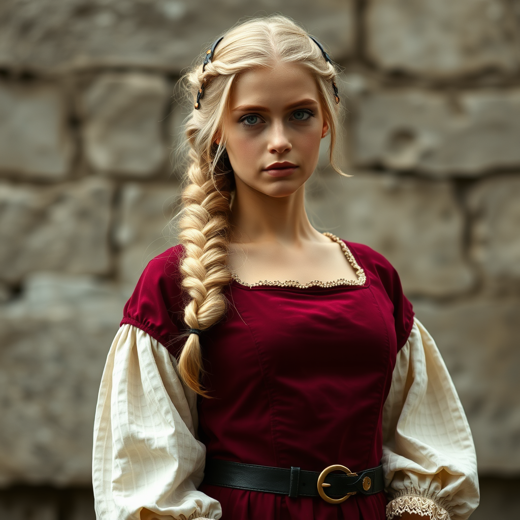 The Medieval Woman in Red Corsette and Blonde Braid