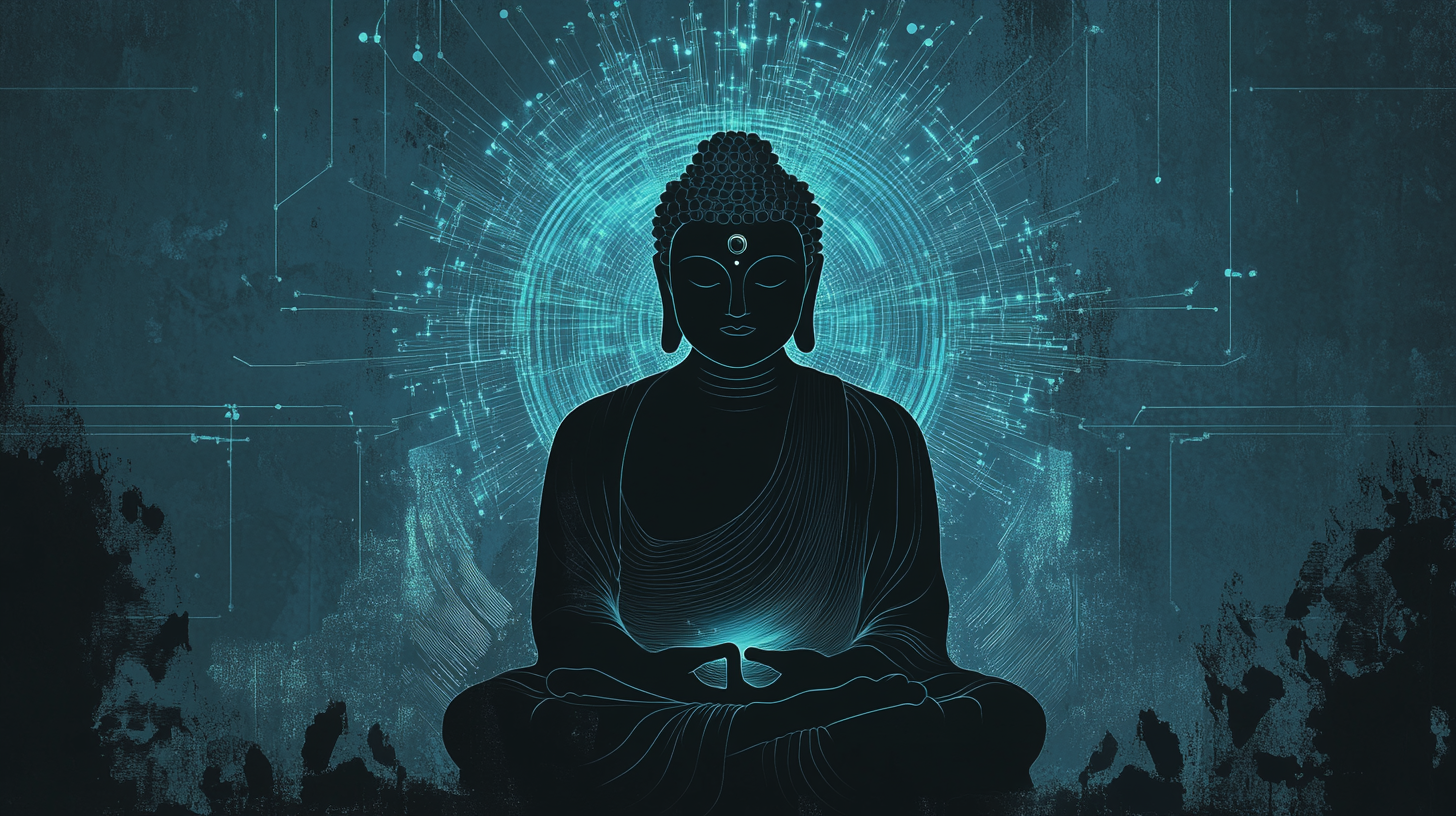 The Meditative Buddha with Blue Glow and Circuitry