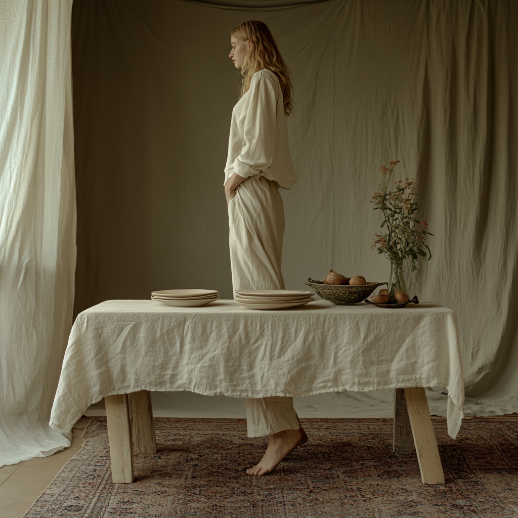 The Model Stands on Table in Dining Room.