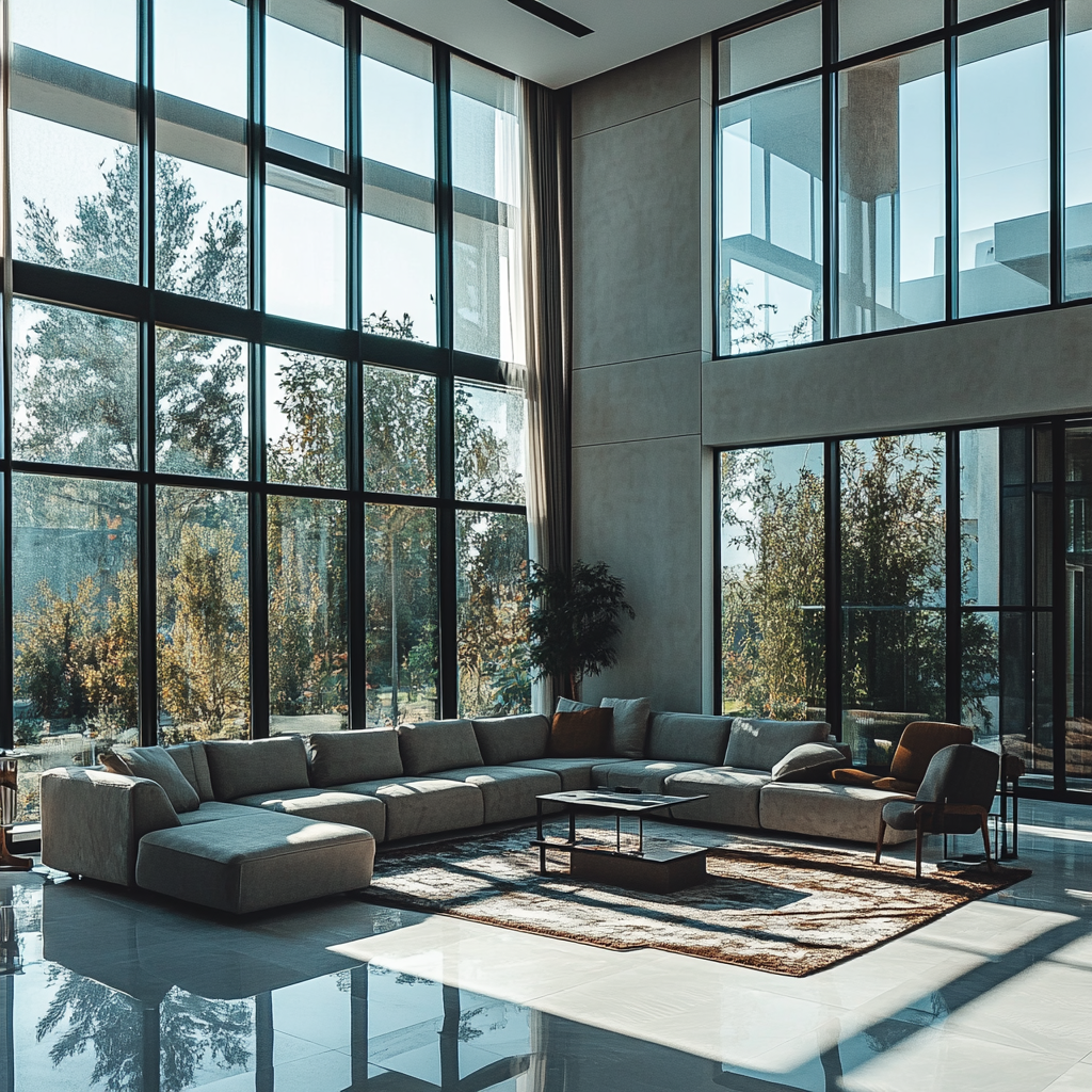 The Modern Bright Living Room With Big Windows.