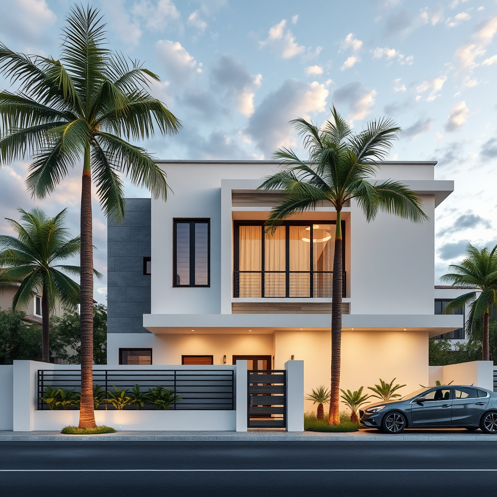The Modern White House with Coconut Trees and Car
