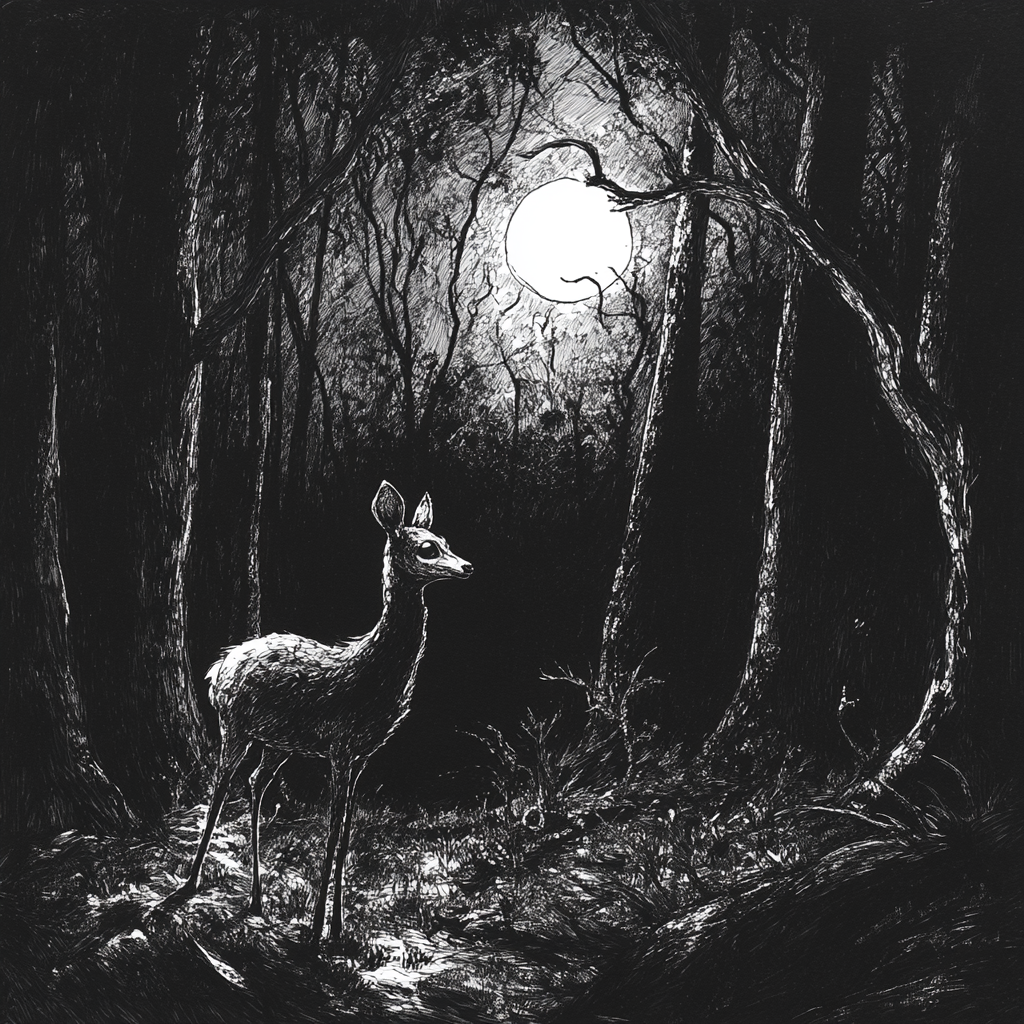 The Mysterious Forest: A Deer in Moonlight