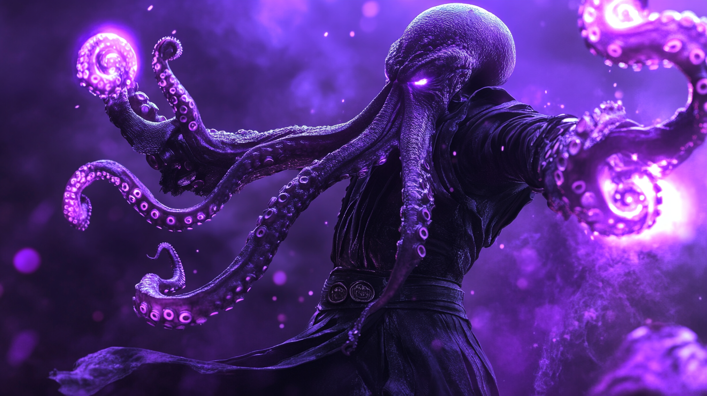 The Octopus Sorcerer in Black Armor Attacks