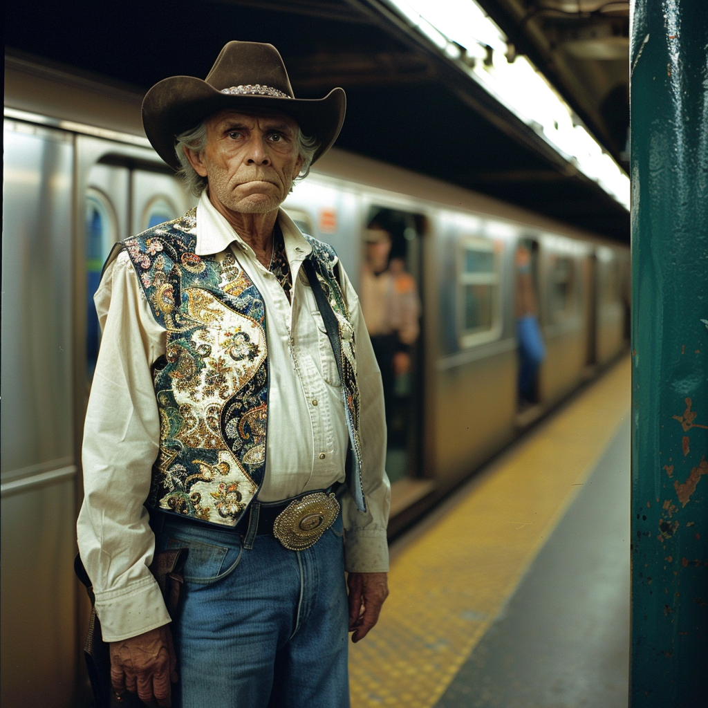 The Old Cowboy in Subway with Diamond Earrings