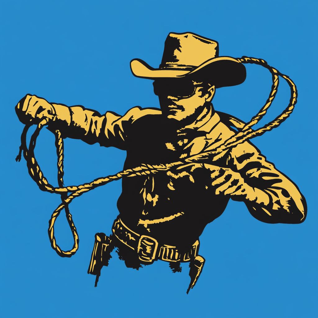 The Outlaw Cowboy with Lasso on Blue Background