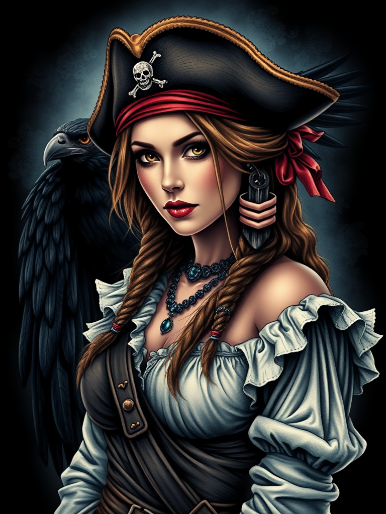 The Pirate Lady and Raven Tattoo Design