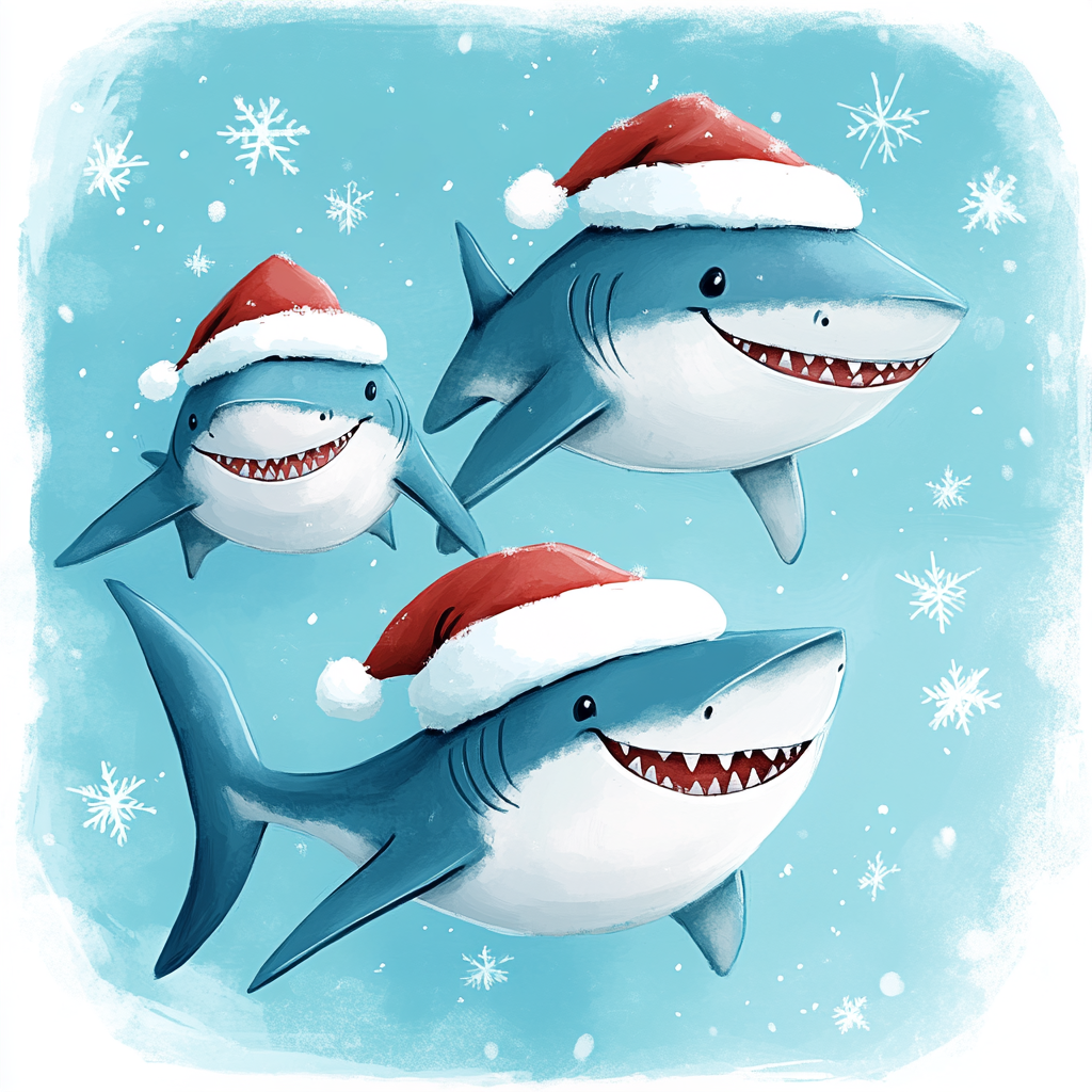 The Playful Sharks in Santa Hats Cartoon