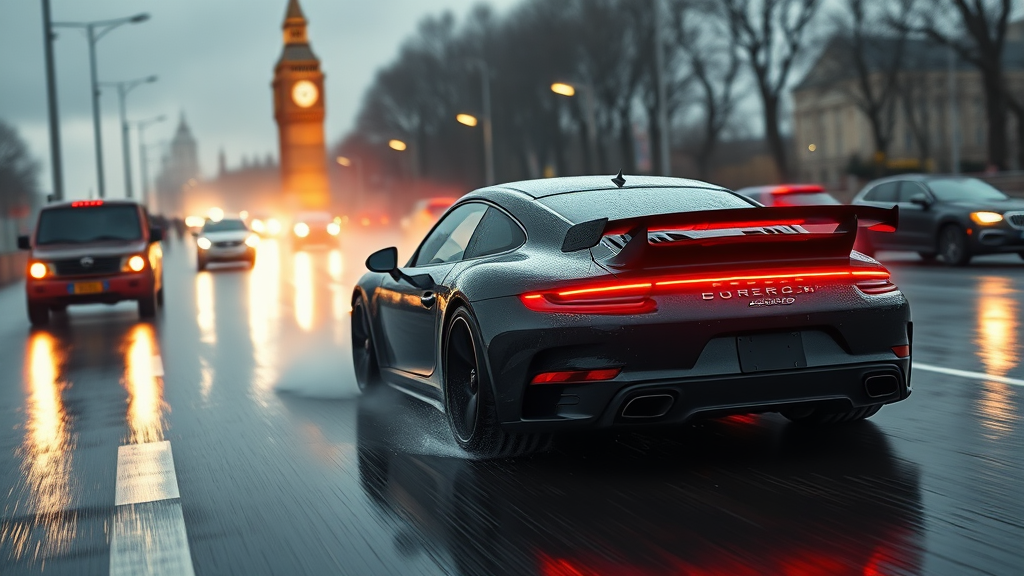 The Porsche 911 Drifting in Rainy Traffic, Big Ben View