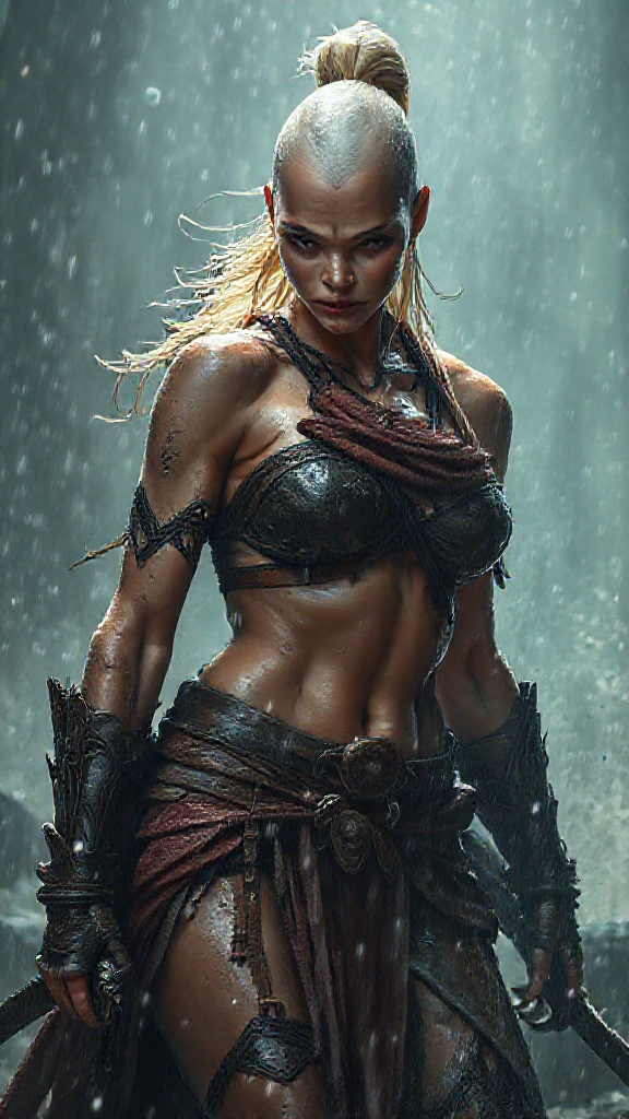 The Powerful Bald Female Warrior in Rain