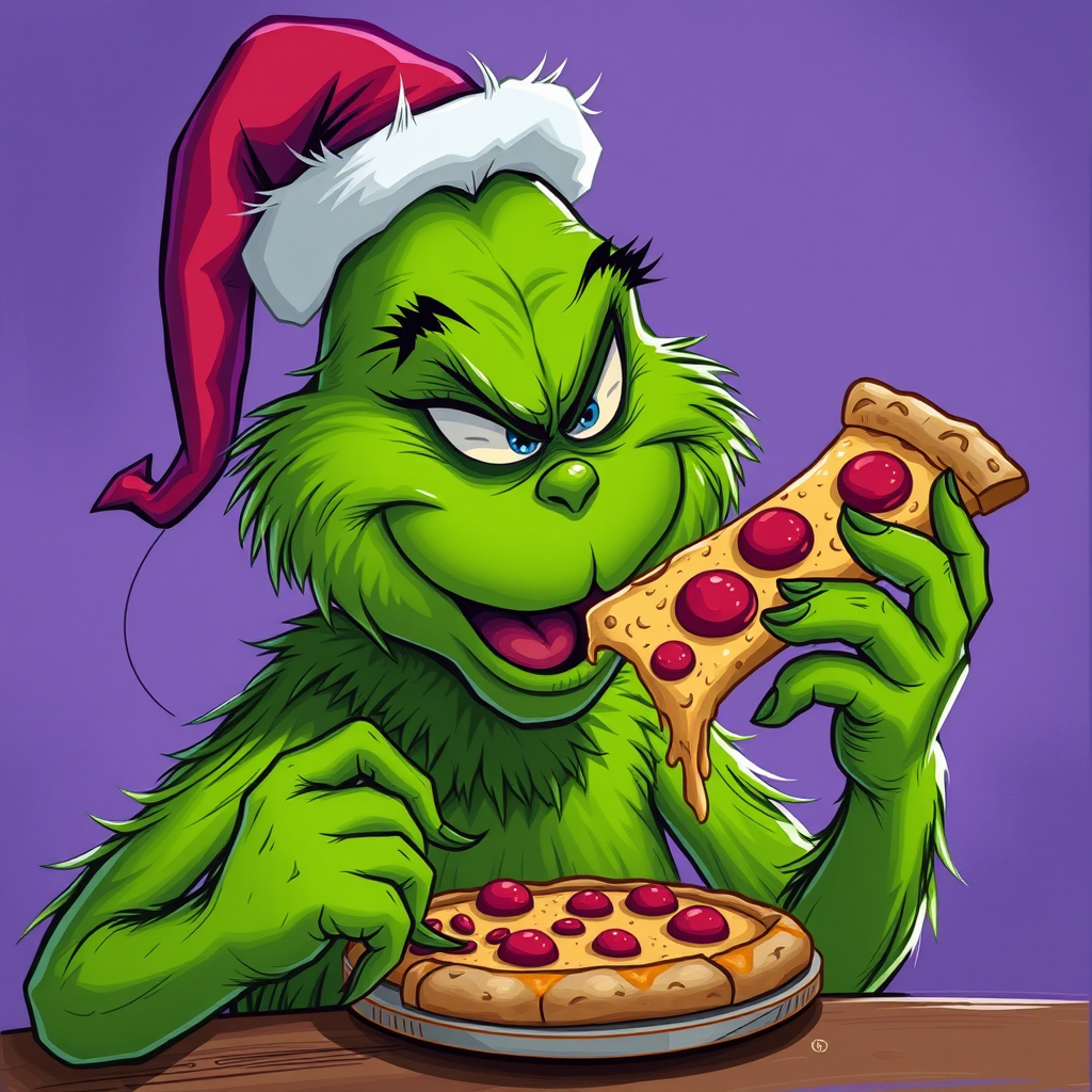 The Purple Grinch Enjoying a Pizza