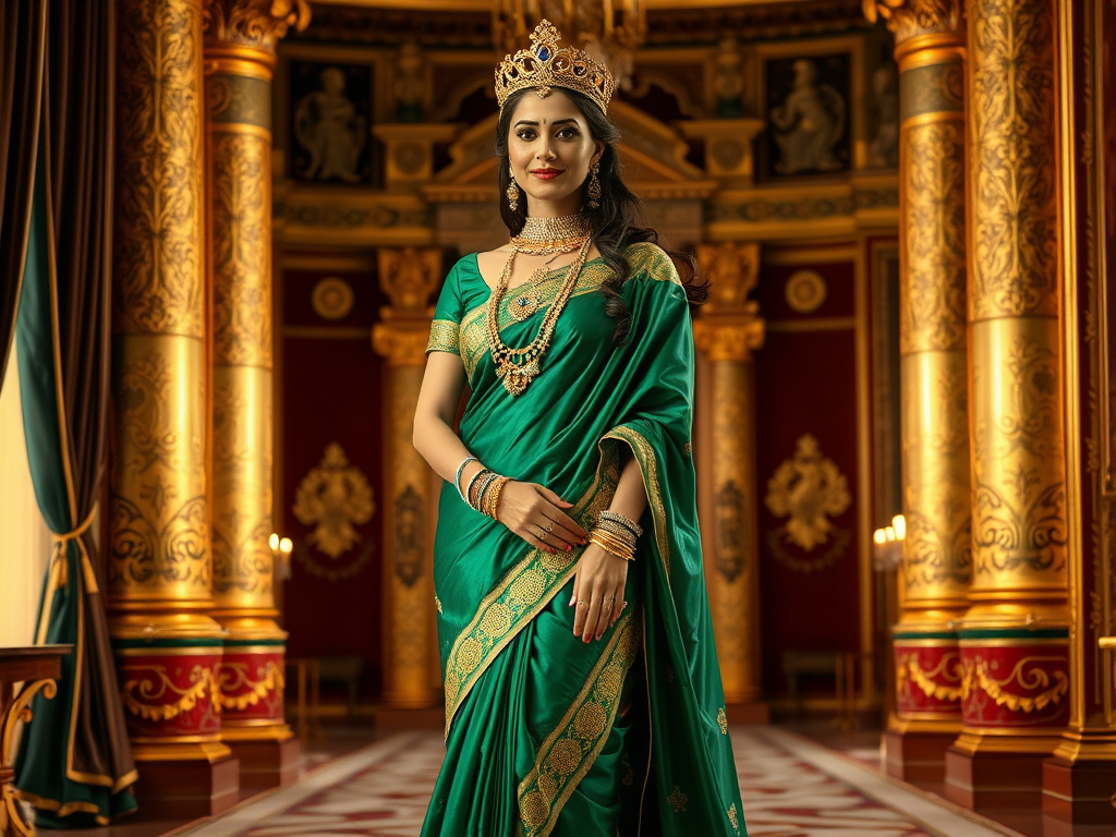 The Regal Queen in Emerald Saree and Royal Jewelry