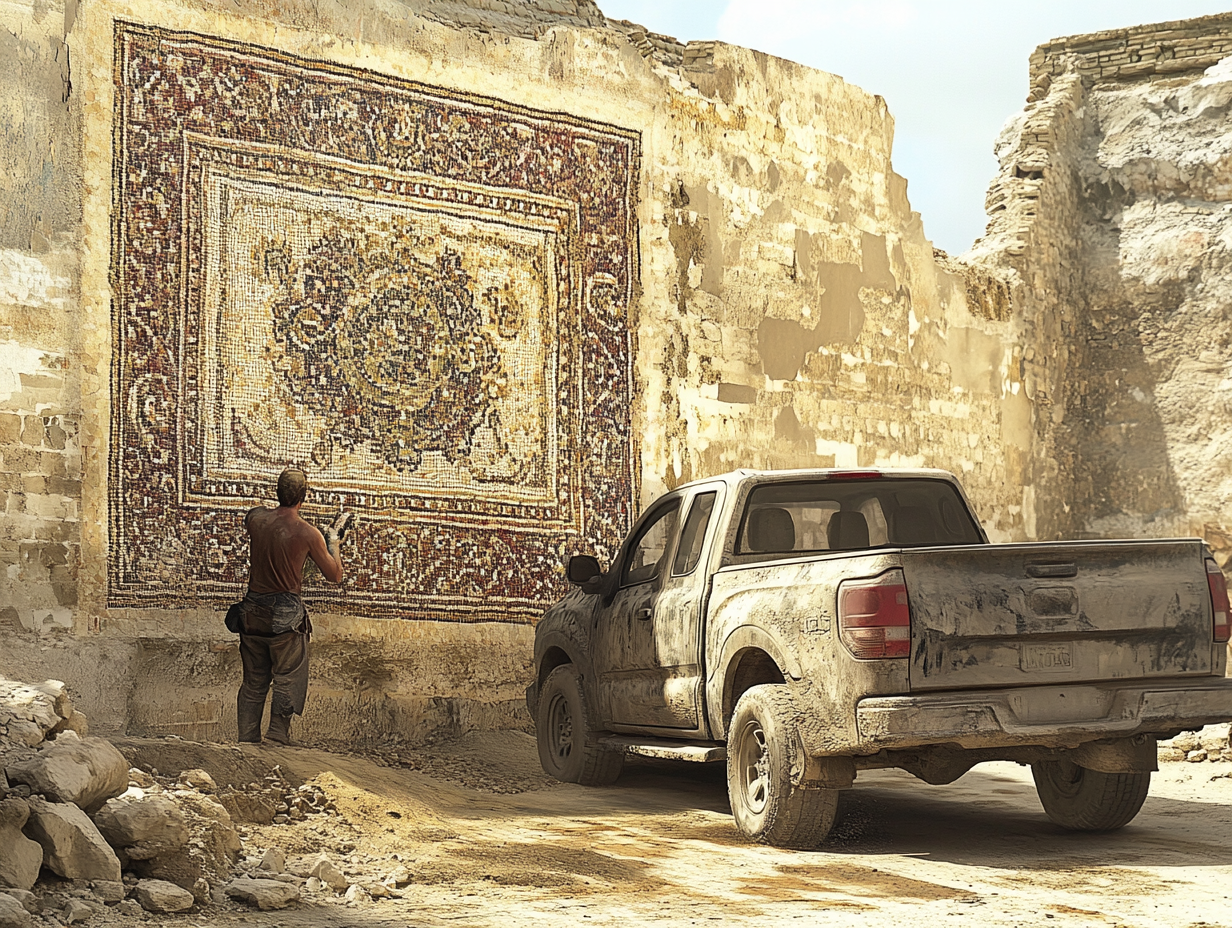 The Roman artist making a mosaic, watched by a graphic designer.