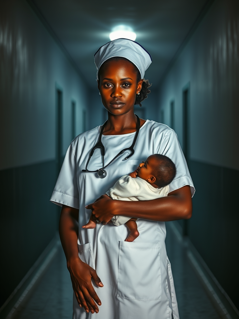 The Sad African Nurse Holding a Baby at Night