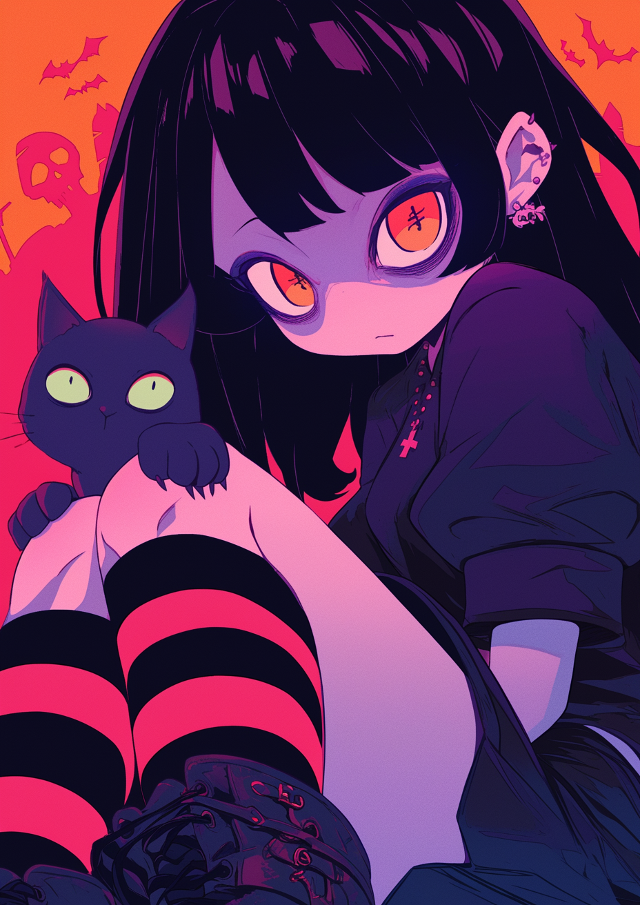 The Sad Emo Girl with Kawaii Black Cat