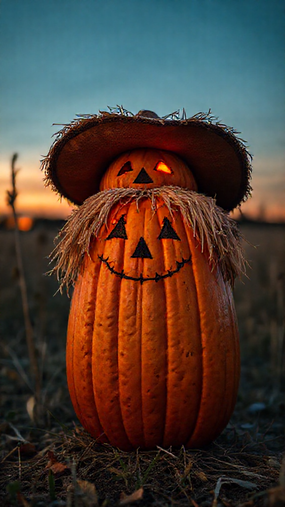 The Scarecrow Pumpkin Stands in Field at Twilight