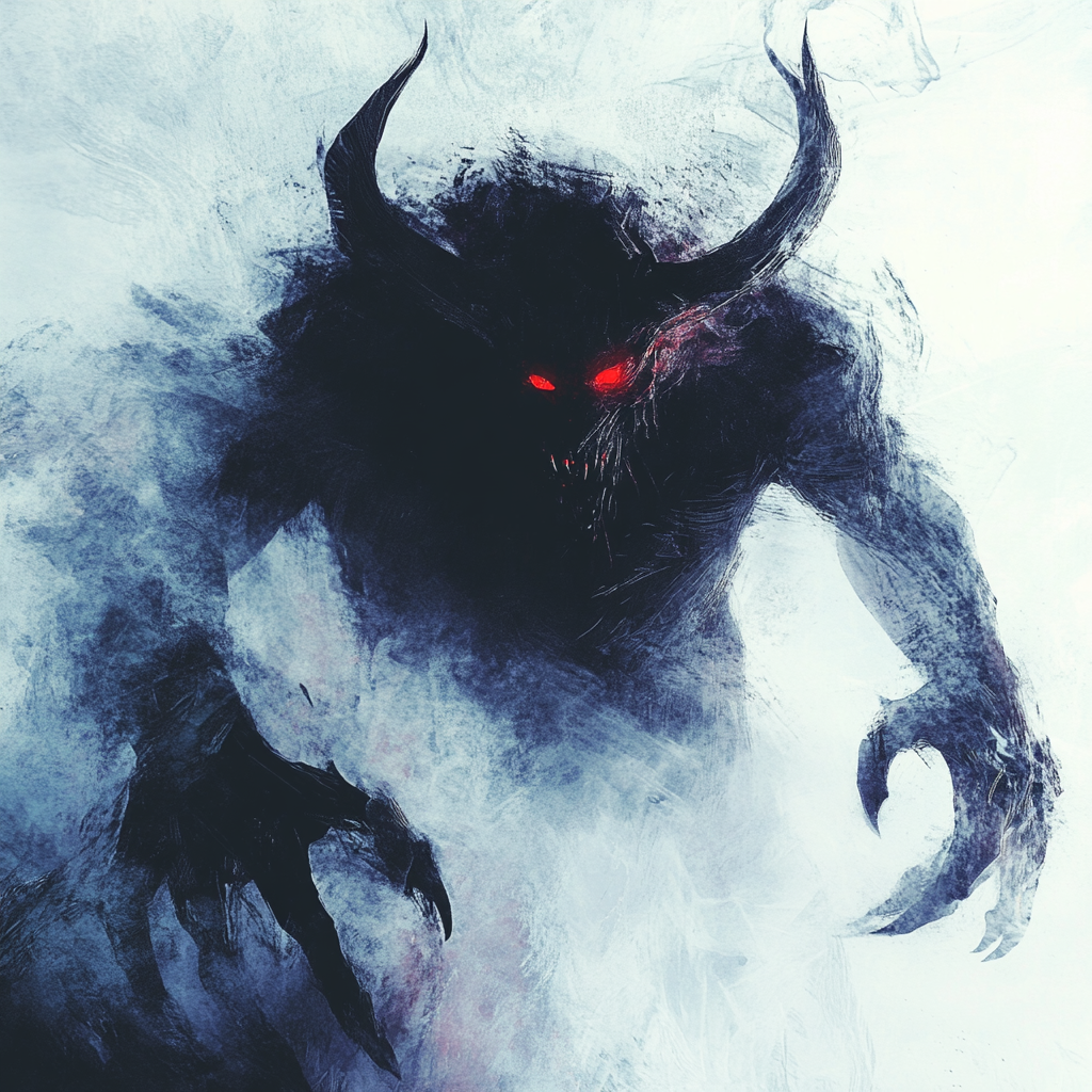 The Shadowy, Horned Monster with Glowing Red Eyes