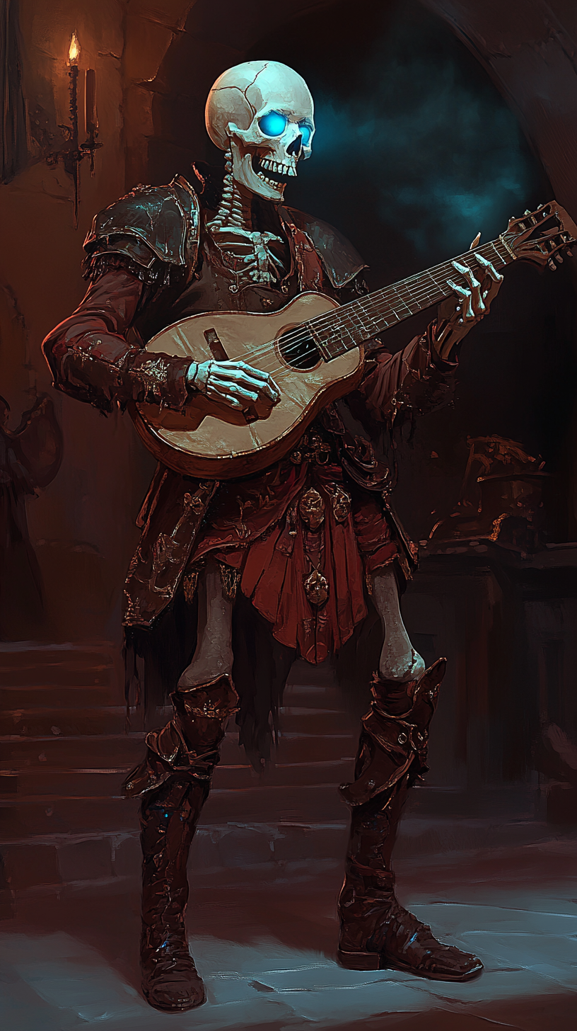 The Skeleton Bard Playing Lute with Blue Eyes