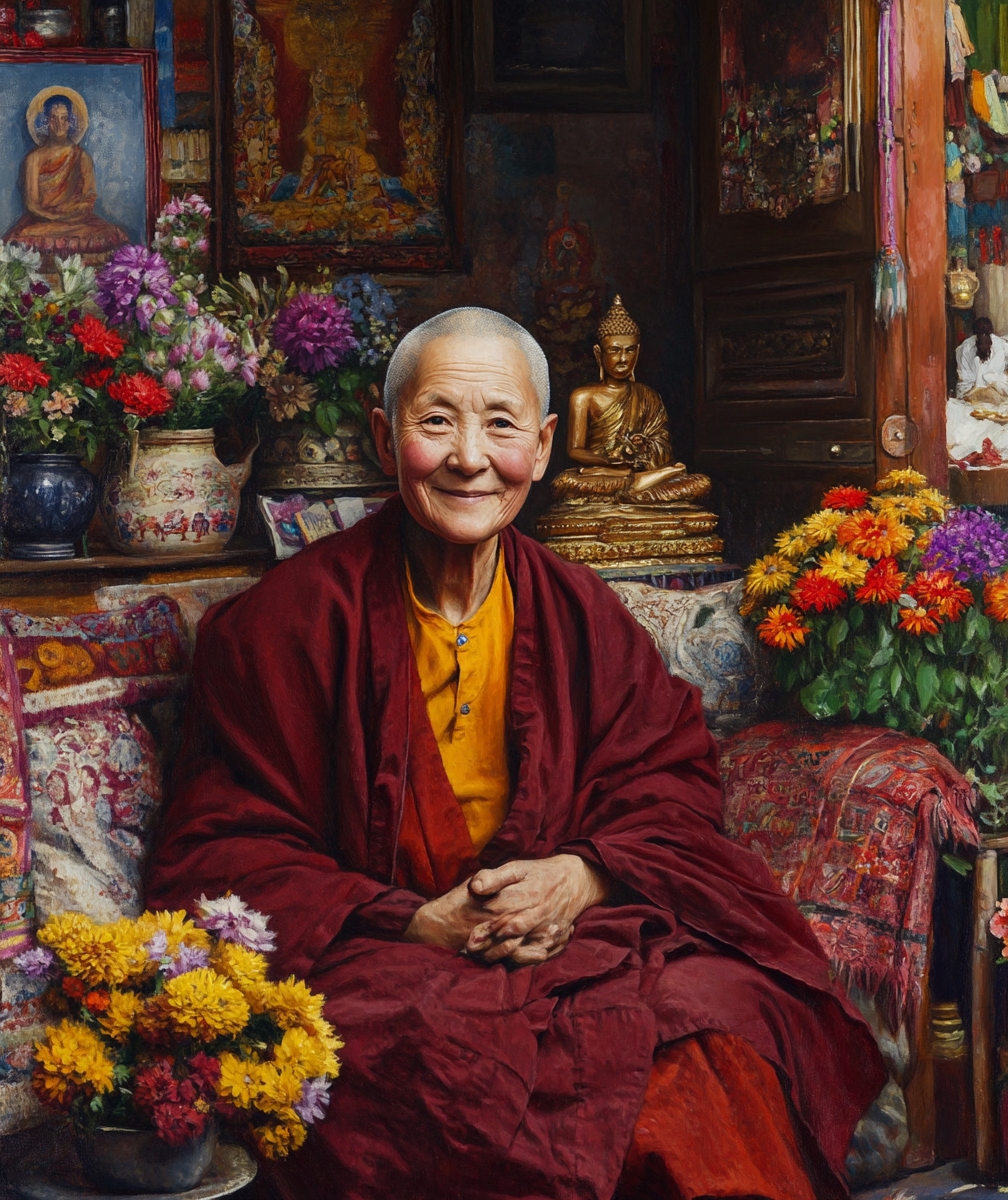 The Smiling Tibetan Nun Amidst Her Beautiful Home