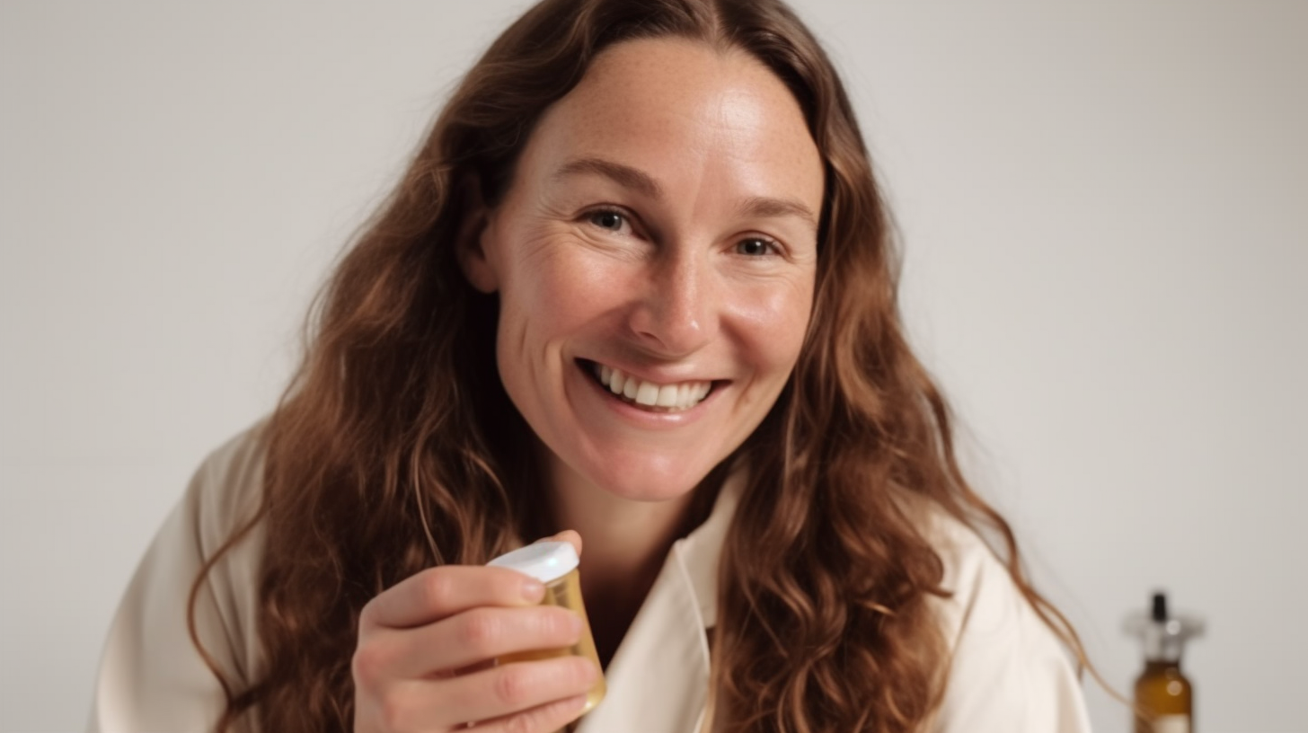 The Smiling Woman Demonstrating Face Cream On Camera