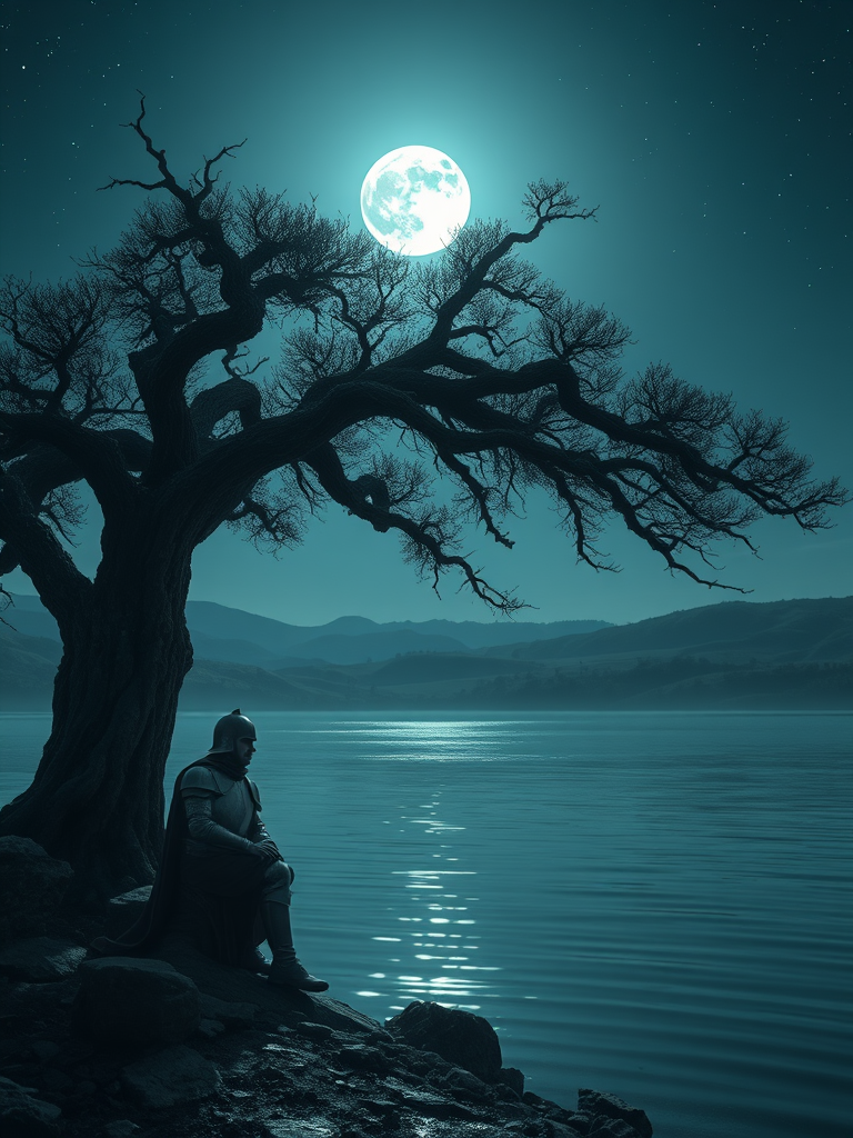 The Solitary Knight's Moonlit Reflection by the Lake