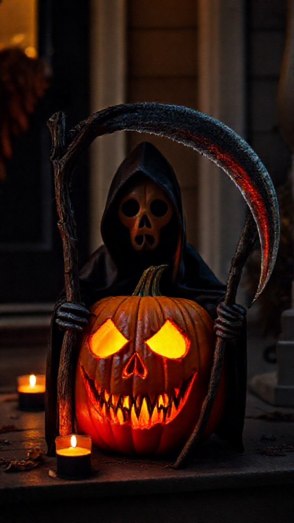 The Spooky Grim Reaper Pumpkin on Porch.