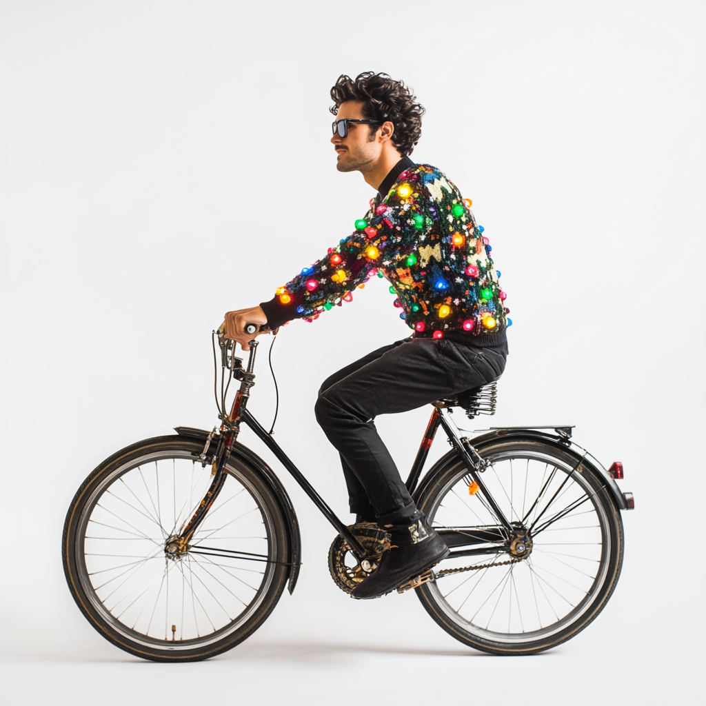 The Stylish Man in Christmas Sweater Rides Bike