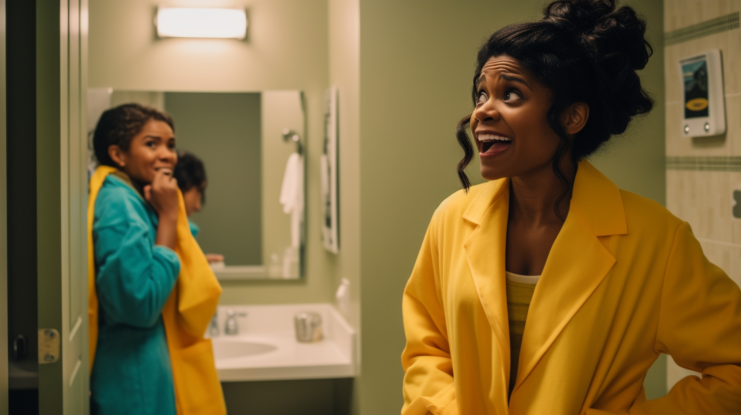 The Surprised Woman Meeting Doctor in Upscale Bathroom