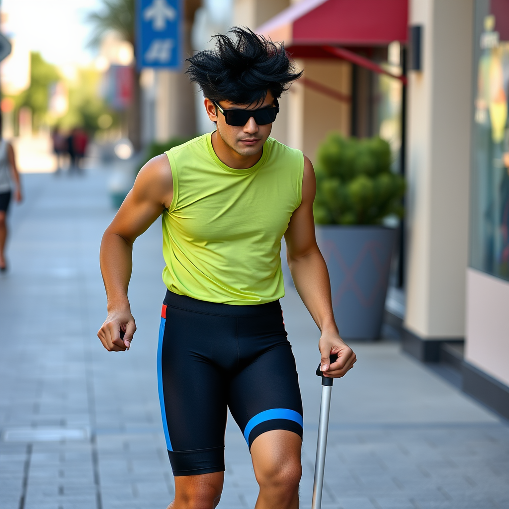 The Sweaty Blind Asian Man Walking on Sidewalk