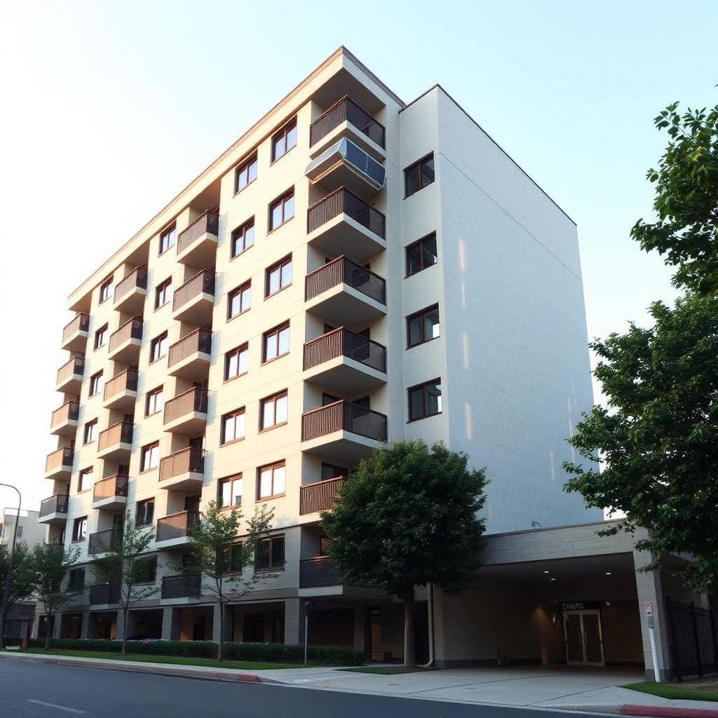 The Tall Apartment Building with Parking Entrance