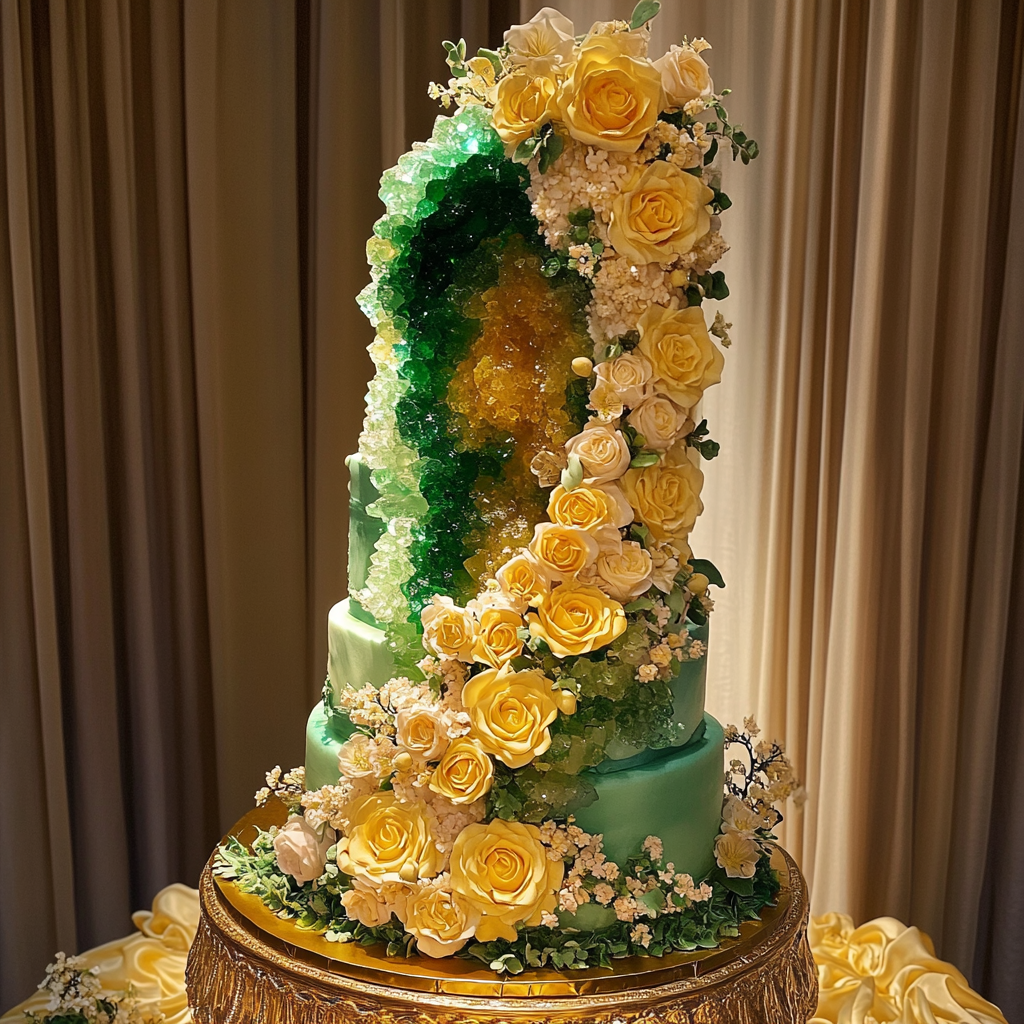 The Tall Green Geode Cake with Yellow Roses