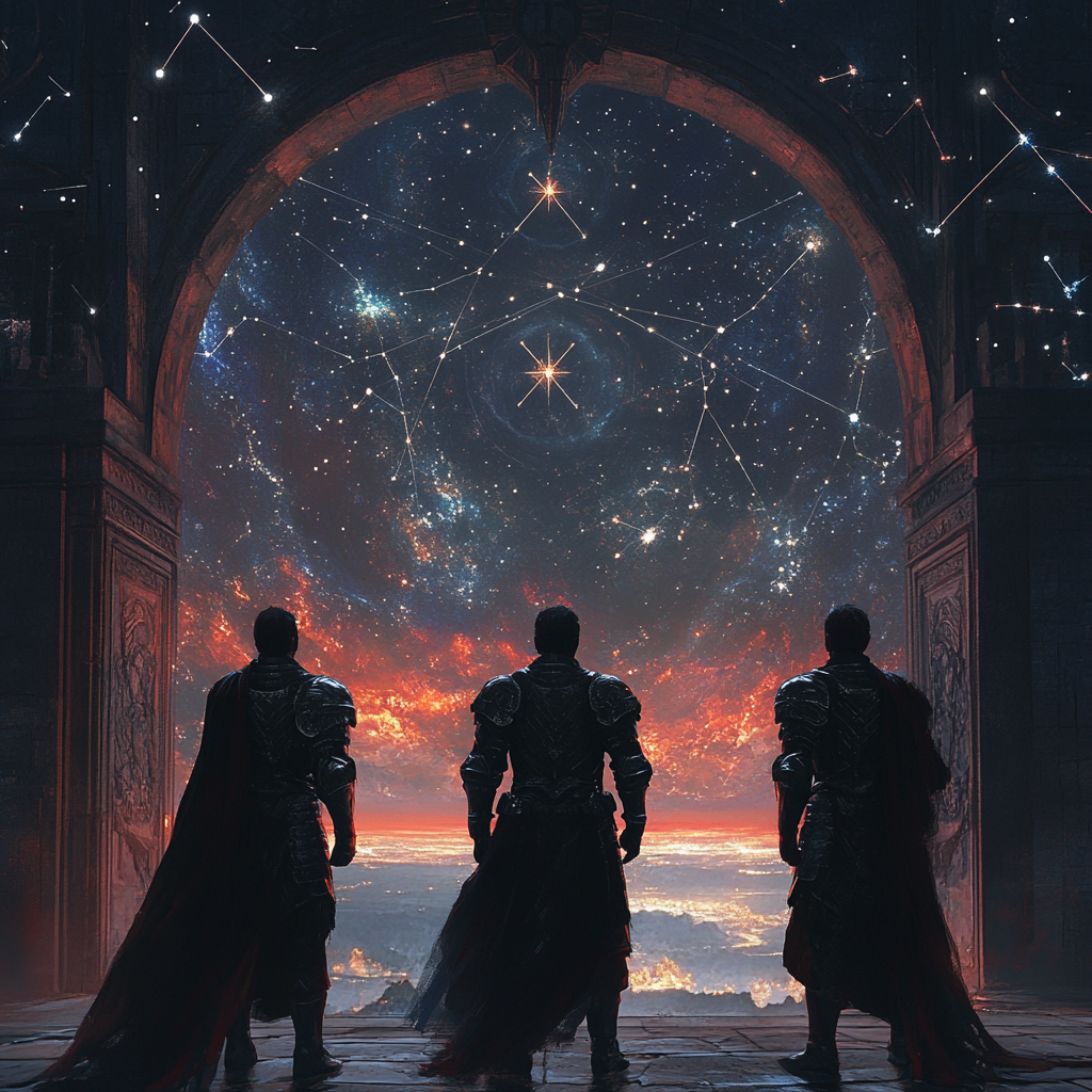 The Three Knights Amidst Celestial Portals