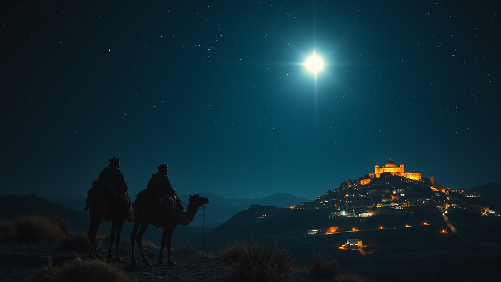 The Three Wise Men Approaching Bethlehem under Starry Sky